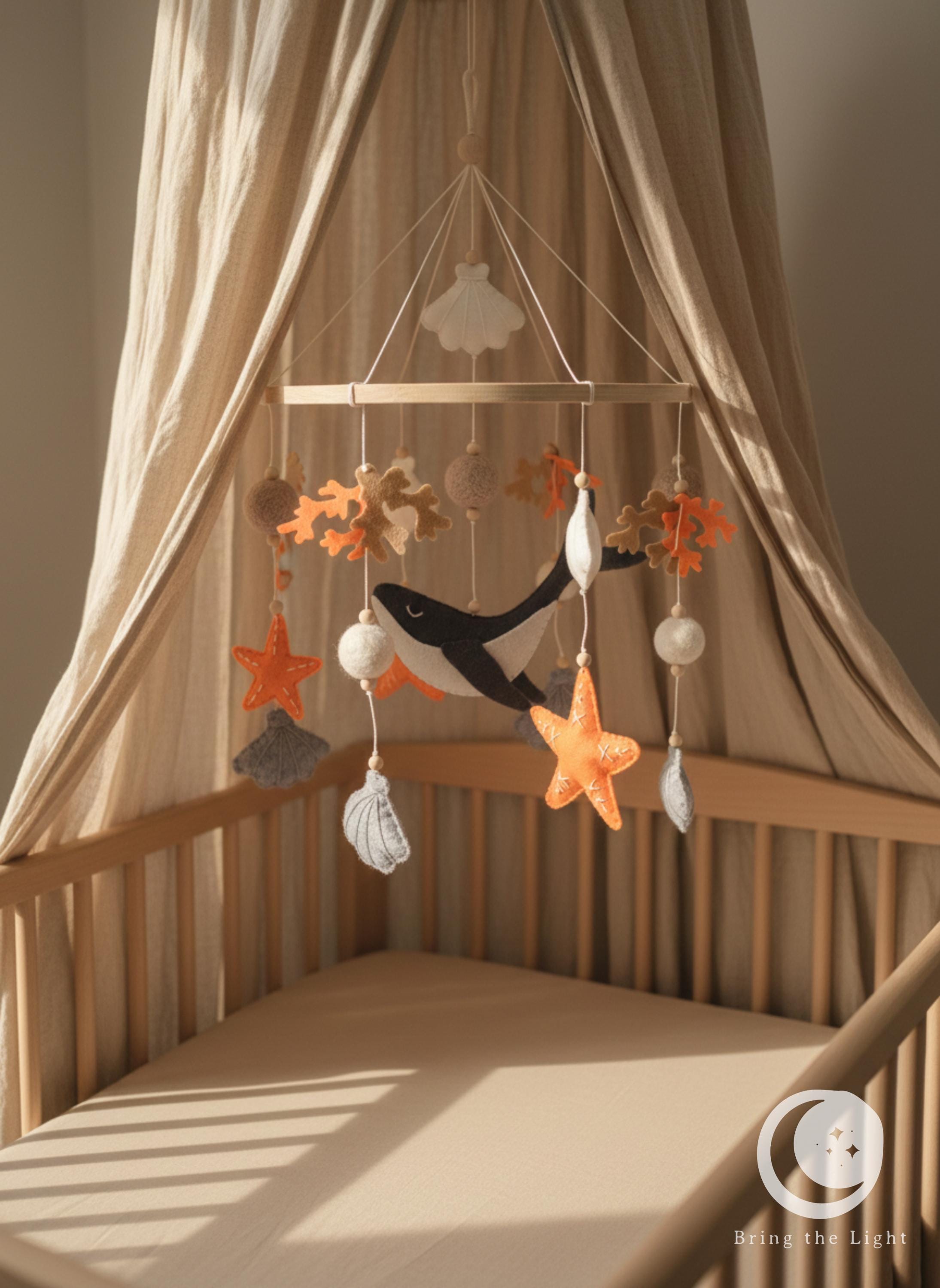 Ocean whale felt baby mobile in neutral crib tones