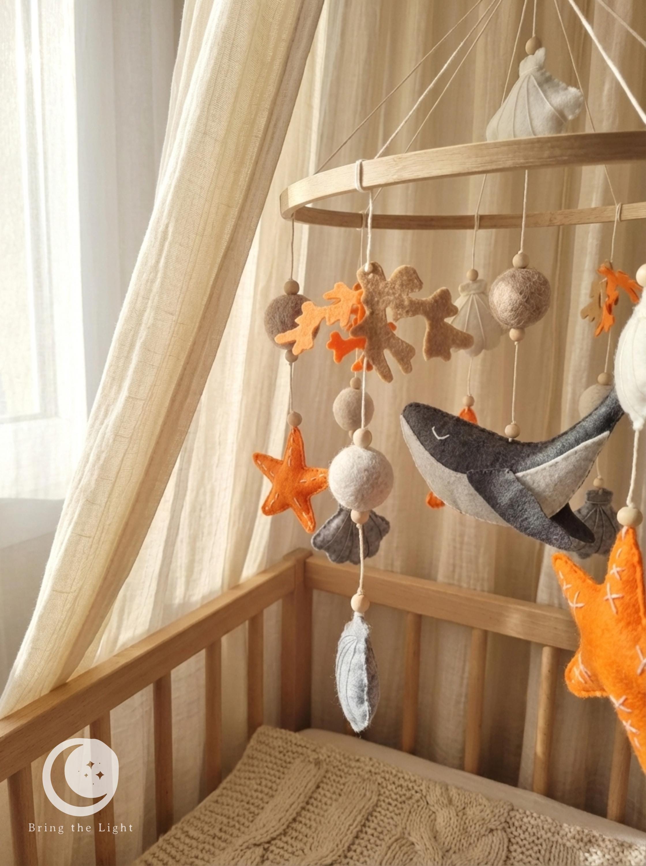 Ocean whale felt baby mobile in neutral crib tones