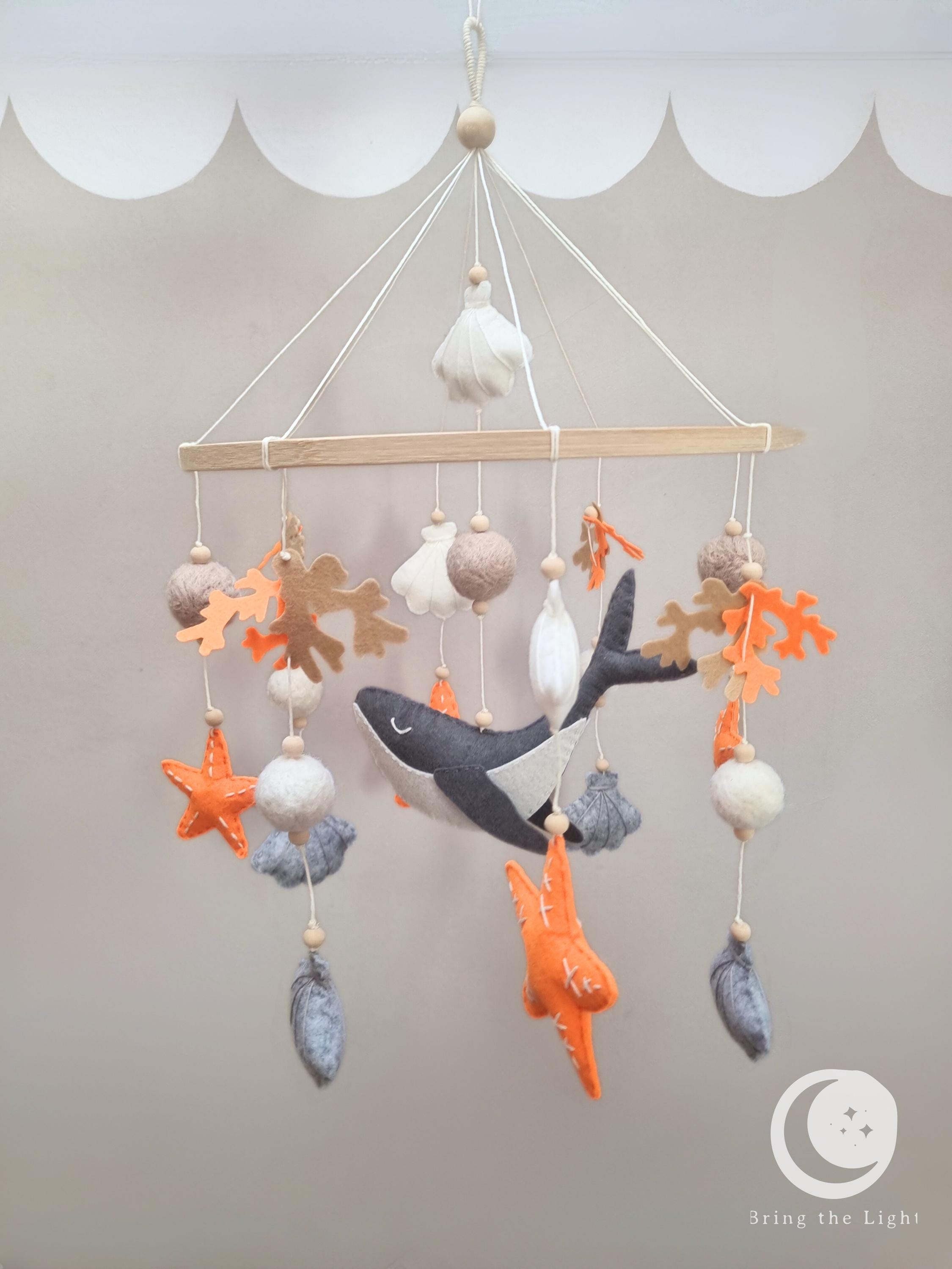 Ocean whale felt baby mobile in neutral crib tones