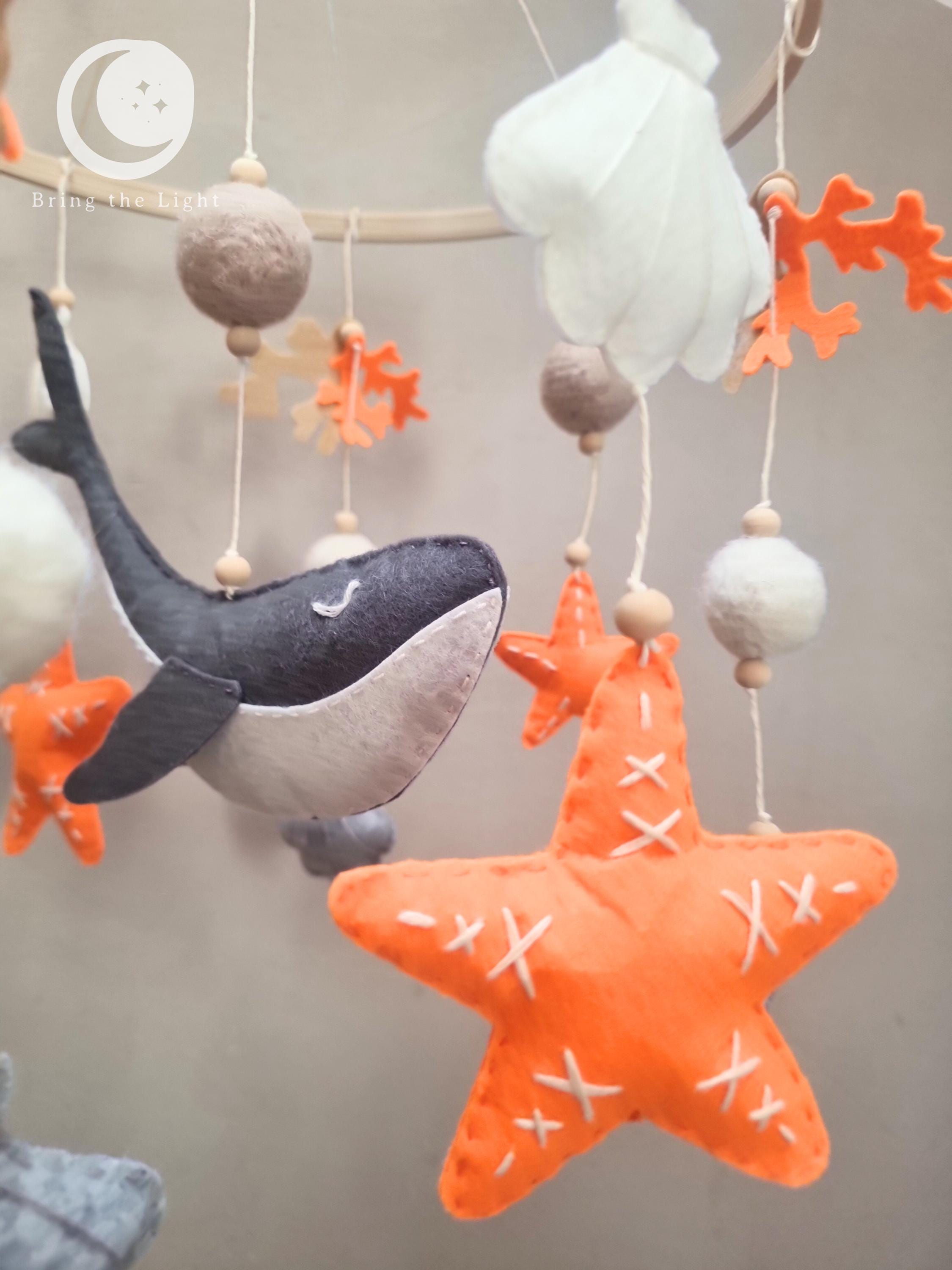 Ocean whale felt baby mobile in neutral crib tones