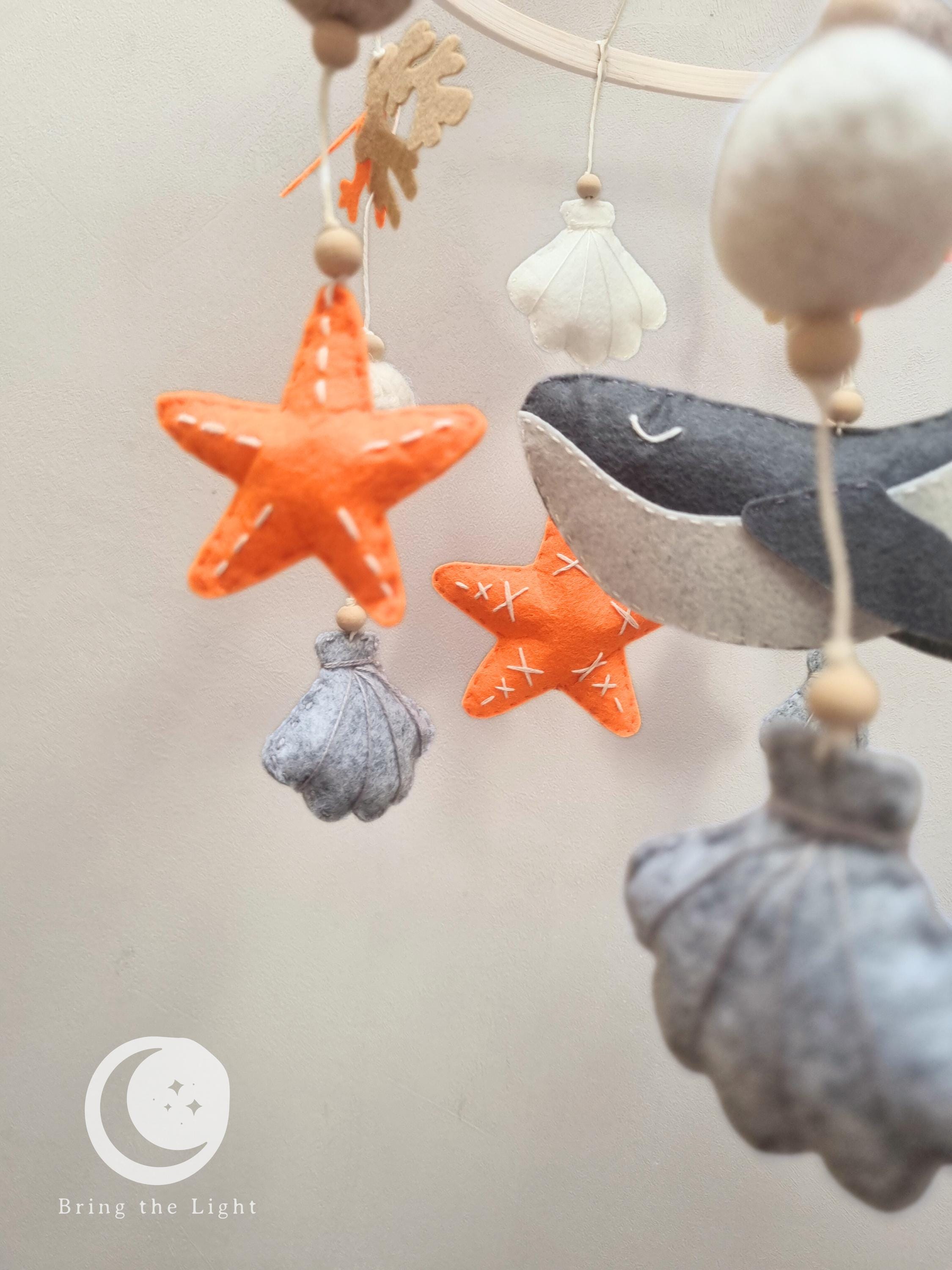 Ocean whale felt baby mobile in neutral crib tones