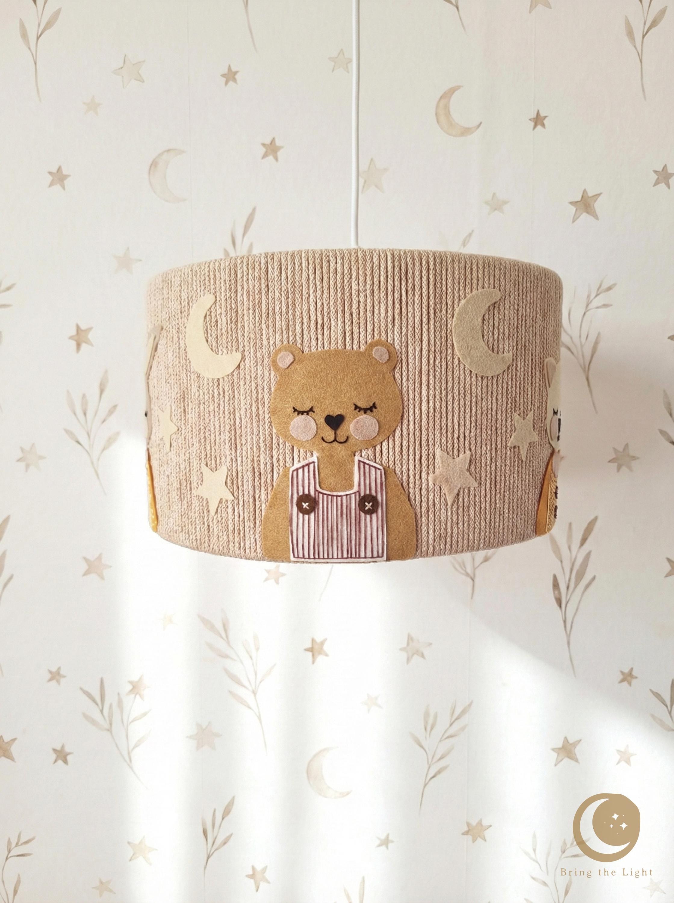 Woodland animal nursery lampshade with warmer tones and denser composition