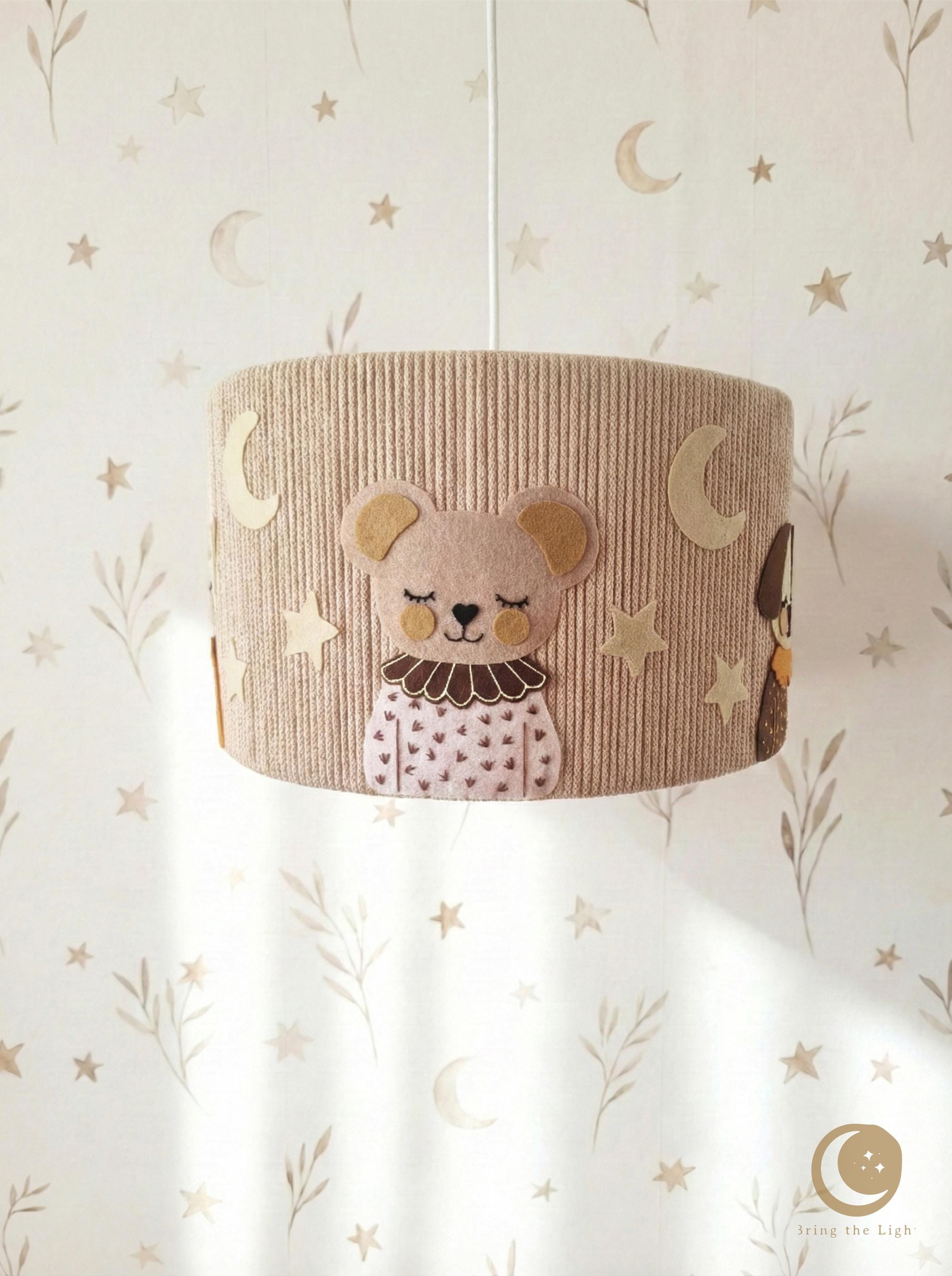 Woodland animal nursery lampshade with warmer tones and denser composition