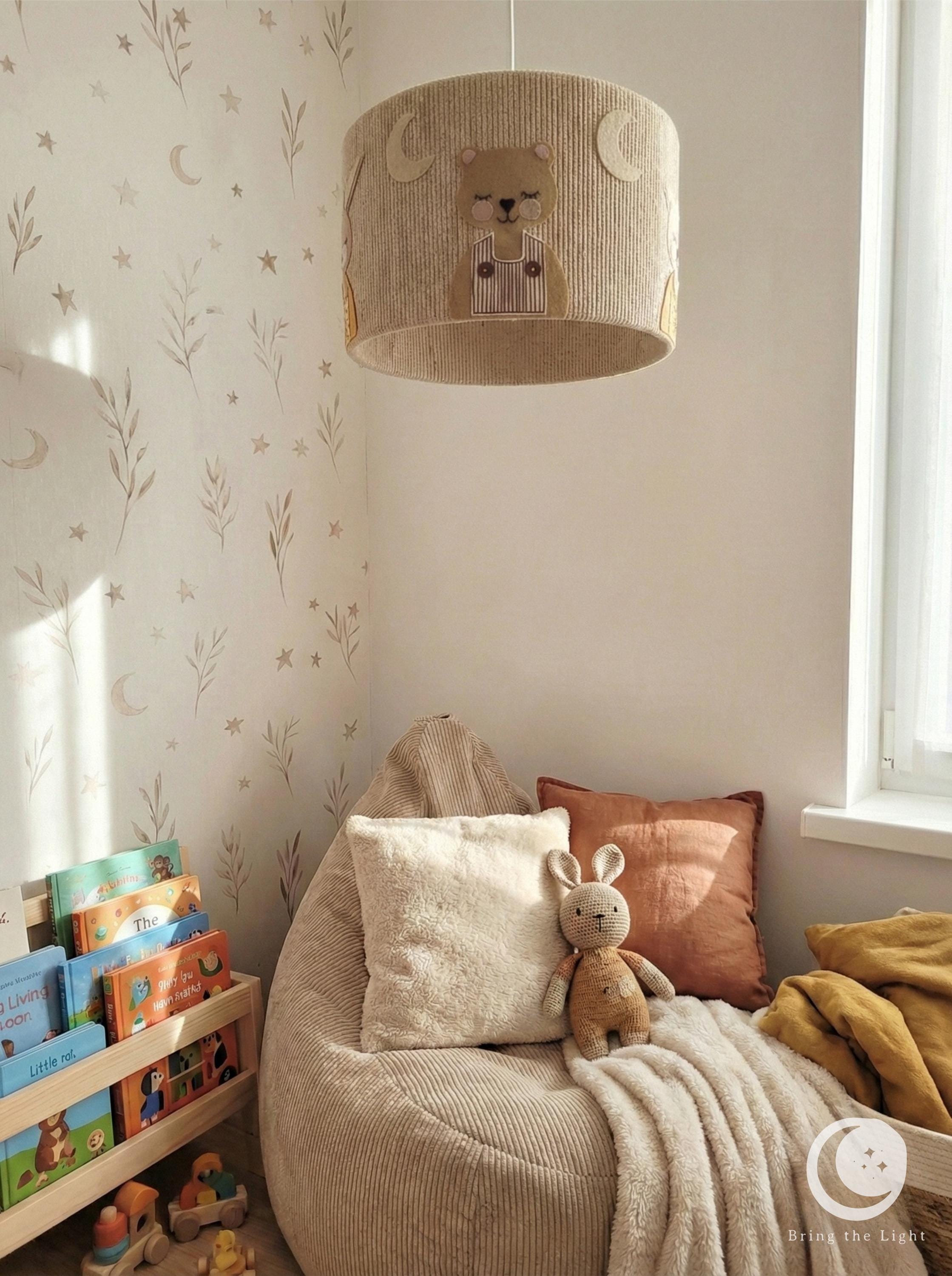 Woodland animal nursery lampshade with warmer tones and denser composition