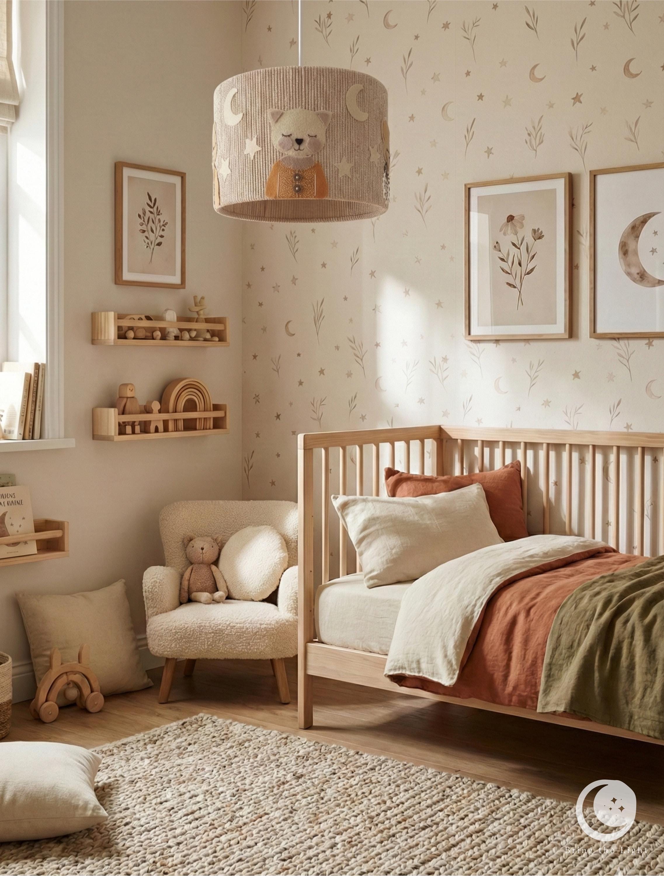 Woodland animal nursery lampshade with warmer tones and denser composition