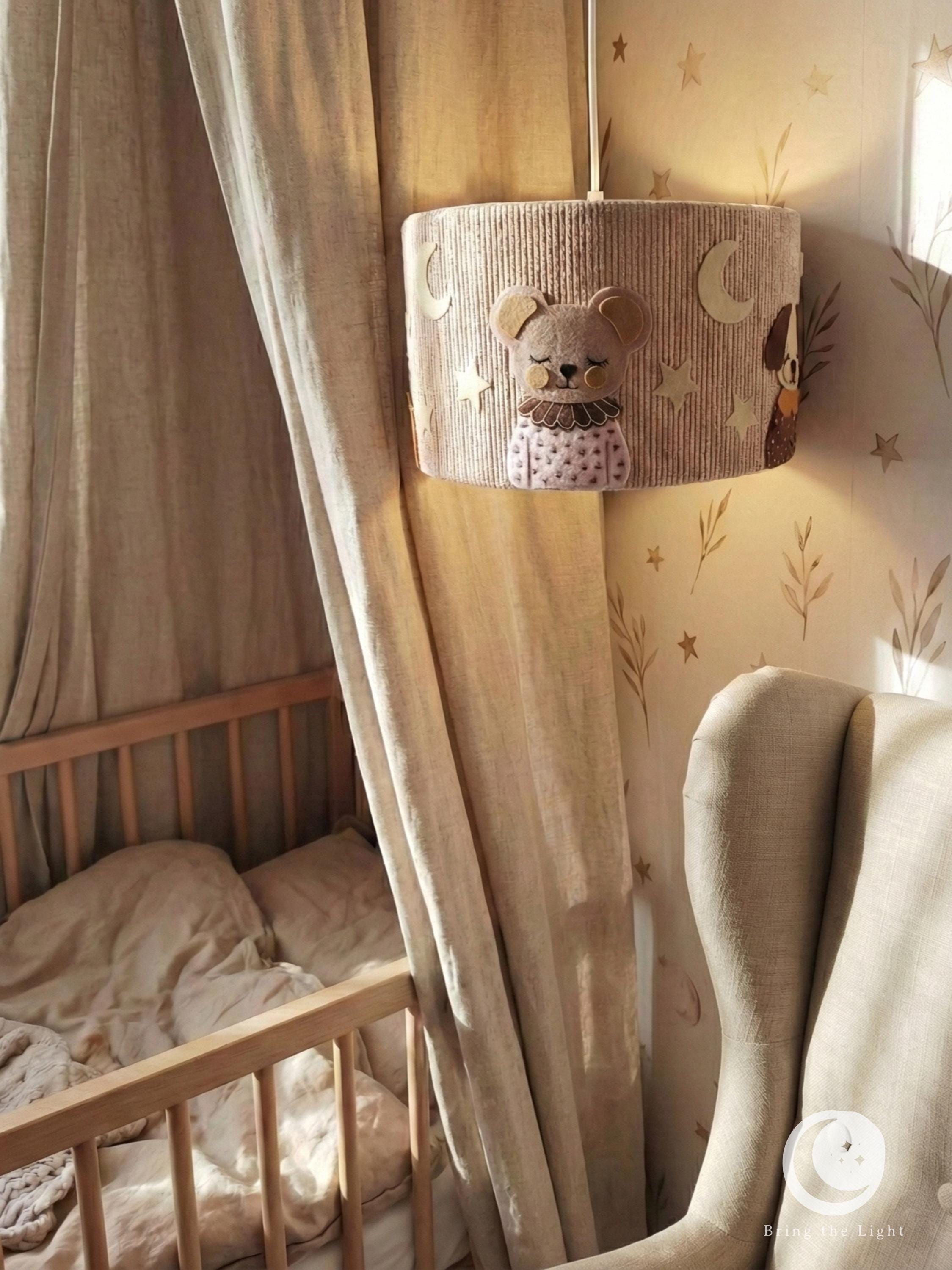 Woodland animal nursery lampshade with warmer tones and denser composition