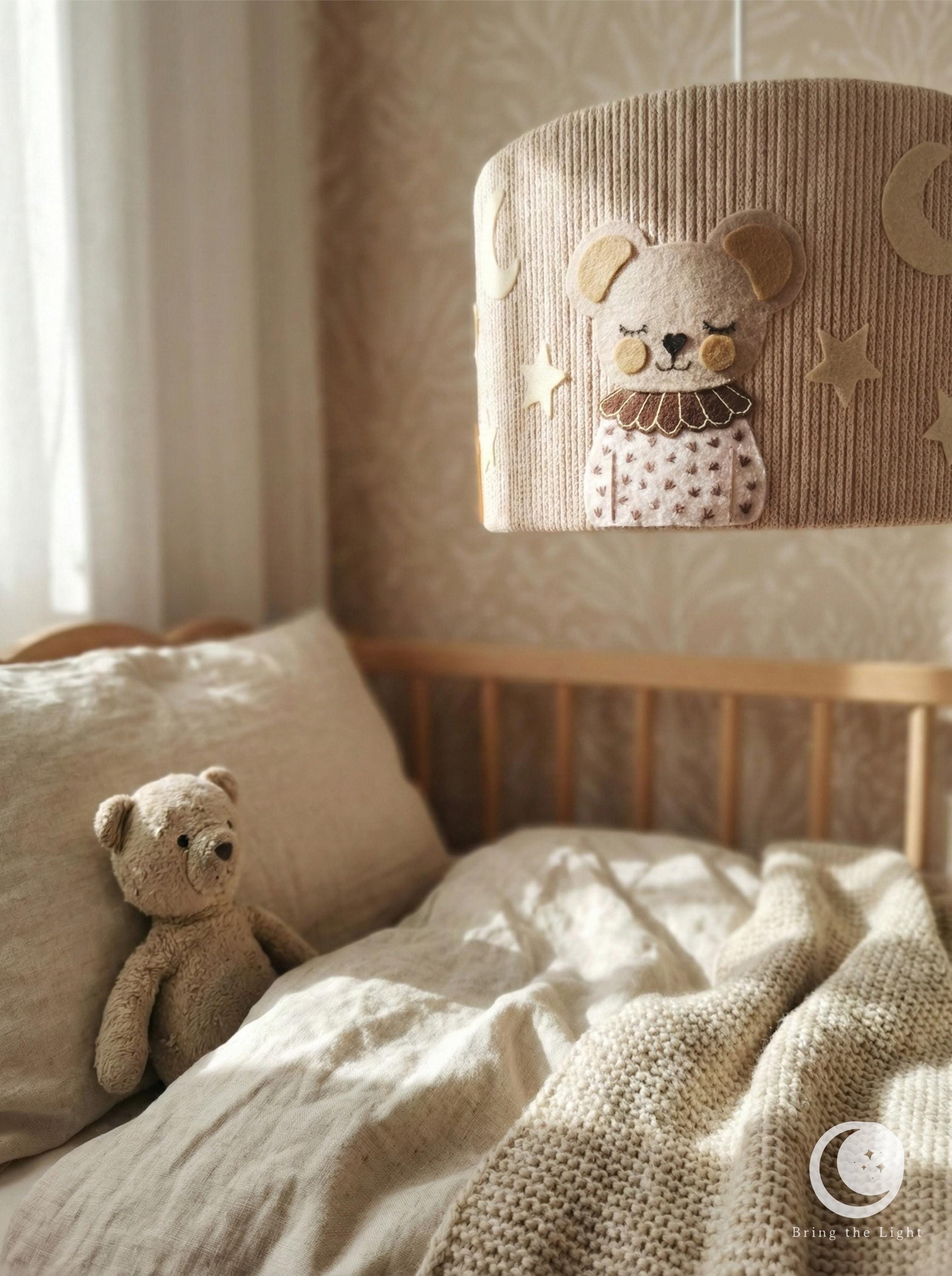 Woodland animal nursery lampshade with warmer tones and denser composition