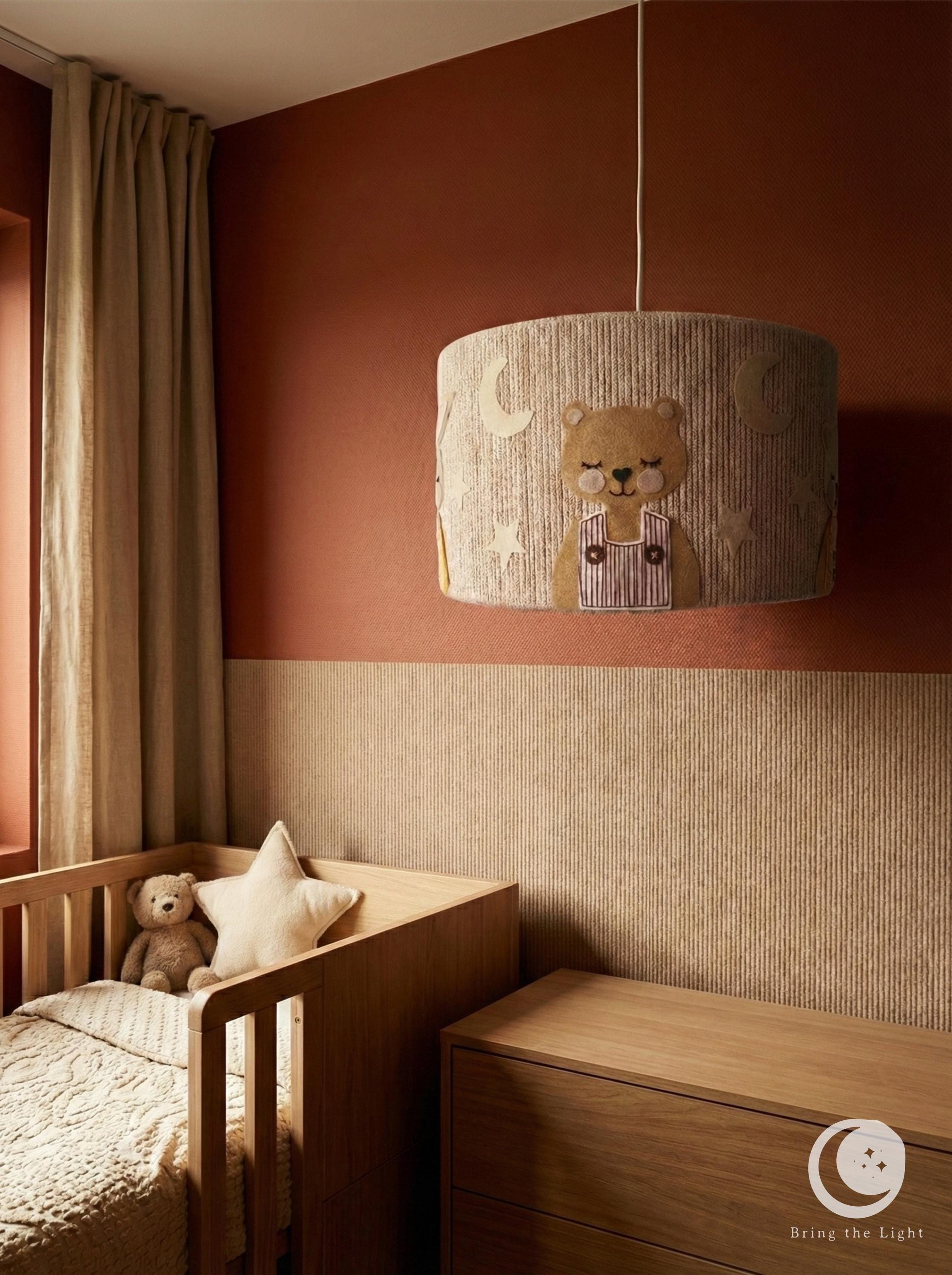Woodland animal nursery lampshade with warmer tones and denser composition